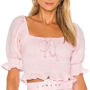 Faithful the Brand Lenora Smocked Linen Crop Puff Sleeve Top 6/Medium